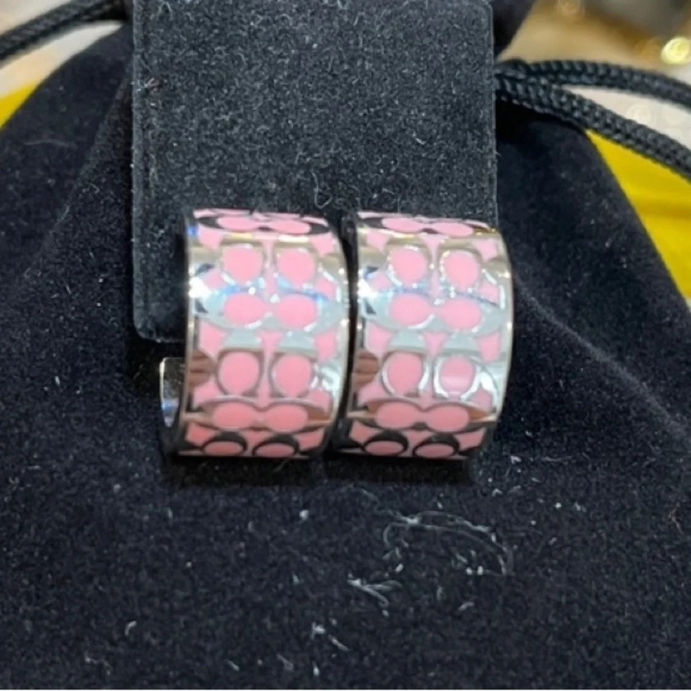 Coach Signature C Bangle Bracelet & Earrings - Silver and Pink - EUC